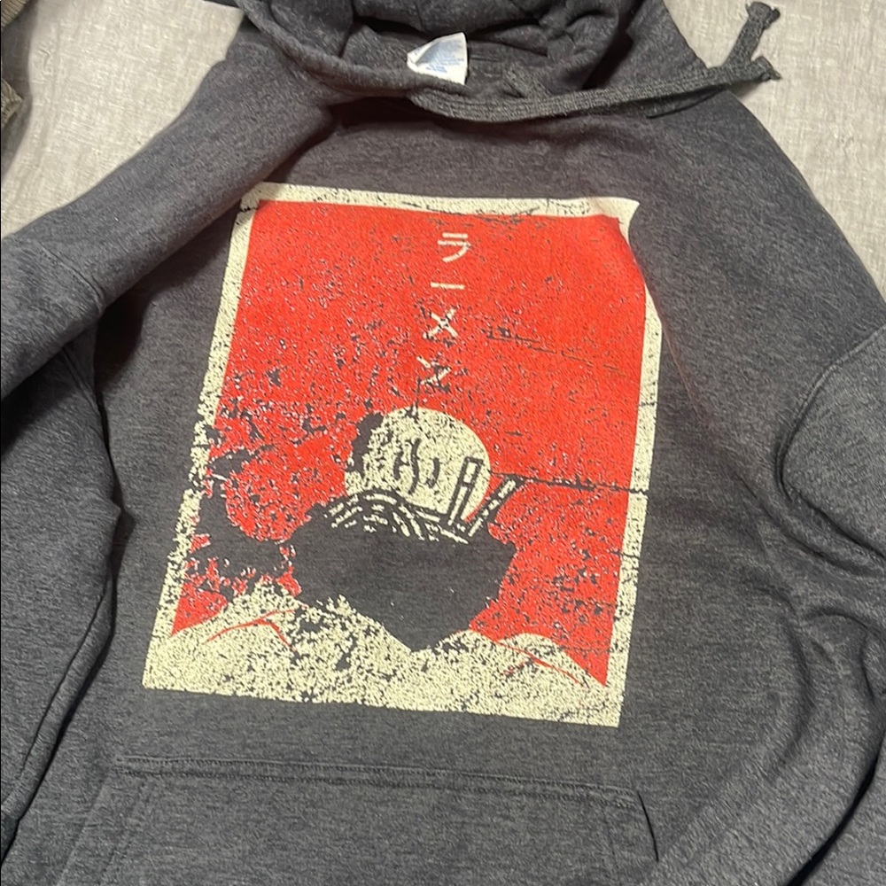 Graphic Hoodie with Ramen Design - Gray and Red